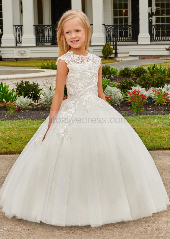 Cap Sleeves Ivory Lace Tulle Keyhole Back Fabulous Flower Girl Dress